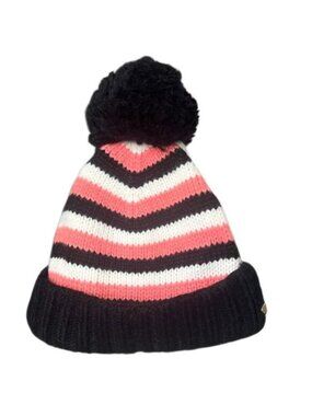 Kate Spade Heritage Strip Pink, Ivory and Black Cuff Logo Pom Pom Beanie NWOT